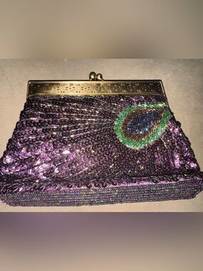 Purple Sequin Evening Clutch with Peacock Motif
